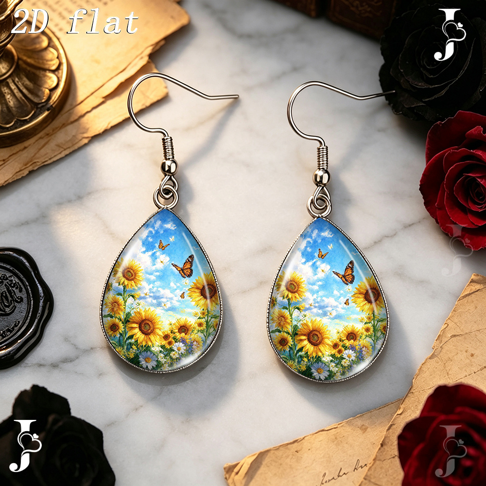 Teardrop Dangle Earrings with Sunflower Butterfly Pattern, Handmade Gift